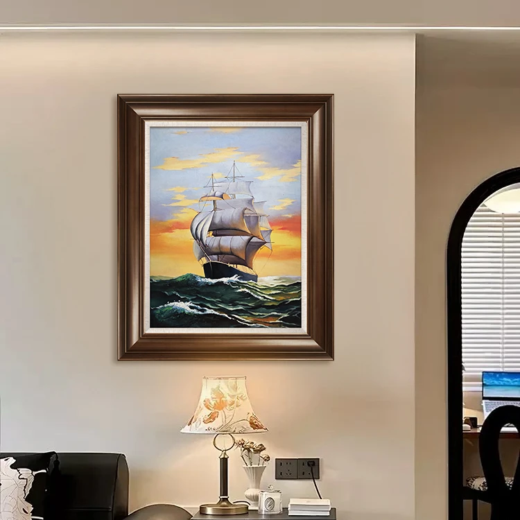 纯手工实木油画《杨帆起航》复古风客厅餐厅装饰画玄关卧室背景挂画