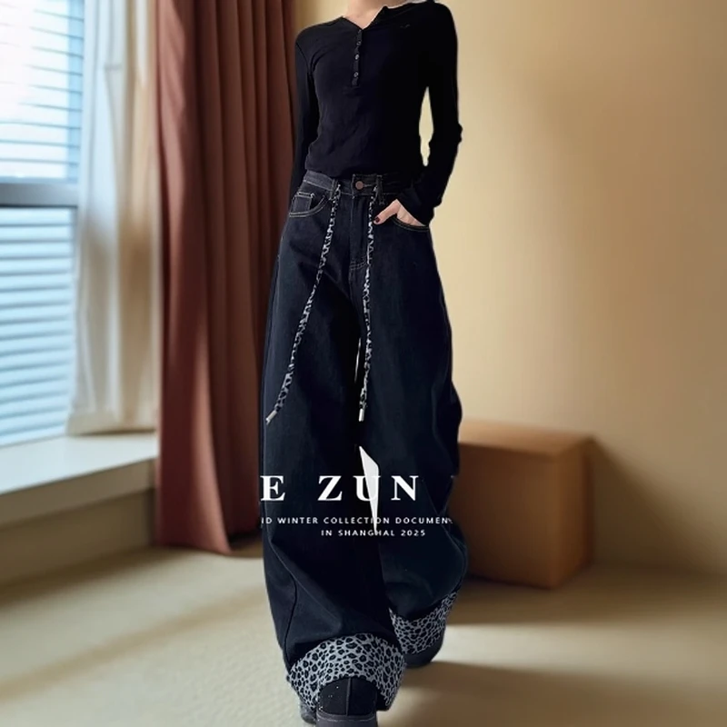 99369#秋冬新时尚潮流牛仔裤女高腰显瘦豹纹撞色边拖地阔腿