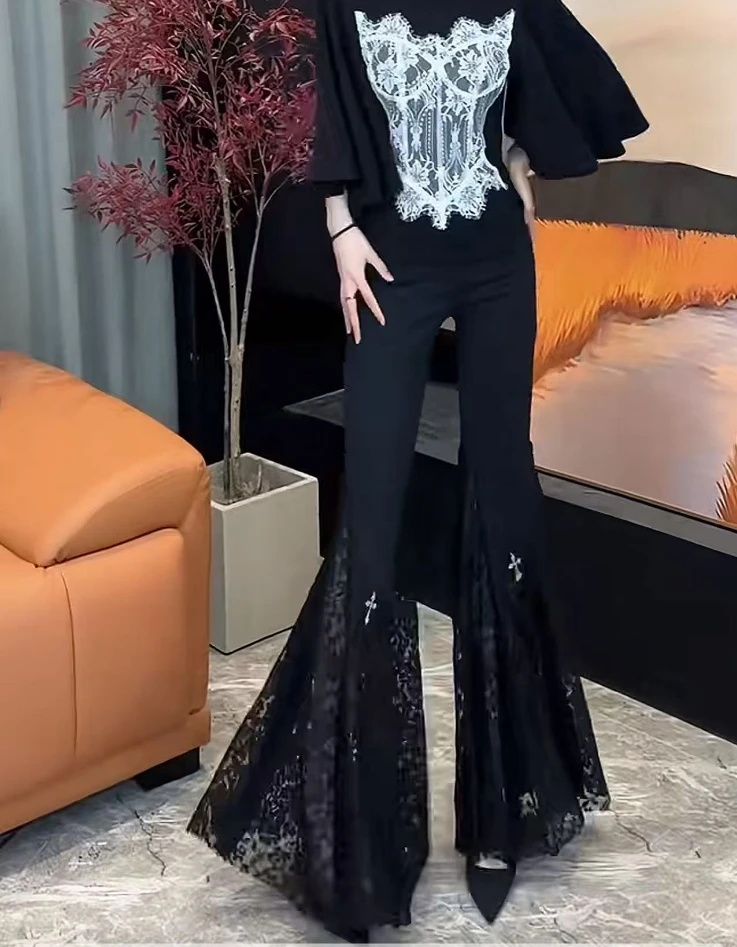 六金定制--[J18V]辣妹风高腰弹力提臀钩花蕾丝拼接显瘦马蹄喇叭裤