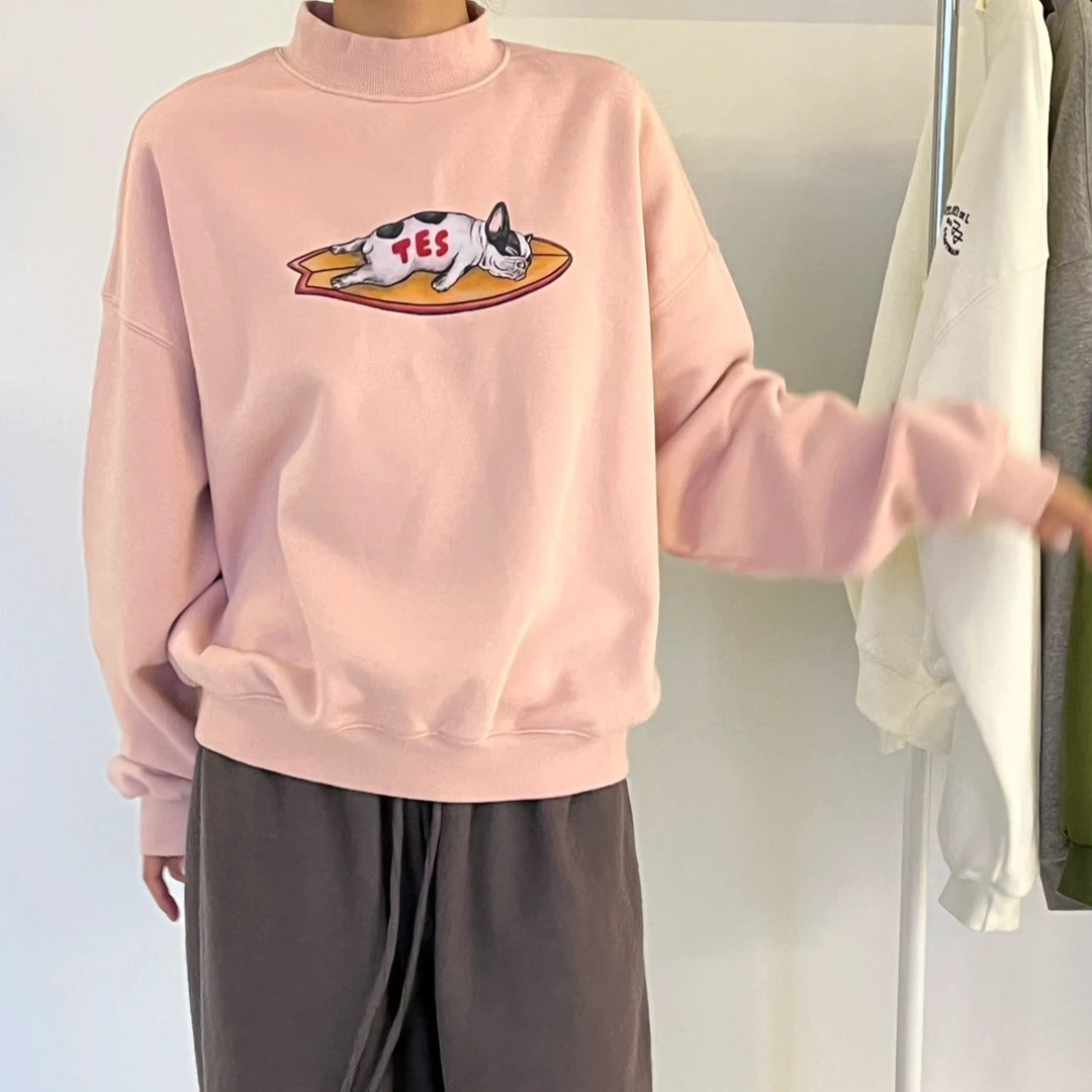 喜家外贸-韩单冬新款重工印花法斗加绒半高领卫衣245007