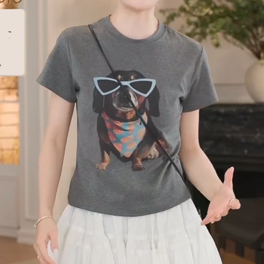 网红棉感修身显瘦狗狗印花休闲短袖T恤2025夏季新款百搭减龄上衣