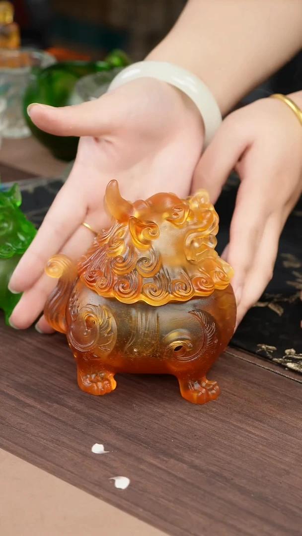 手工艺品琉璃狻猊香炉中号琥珀色