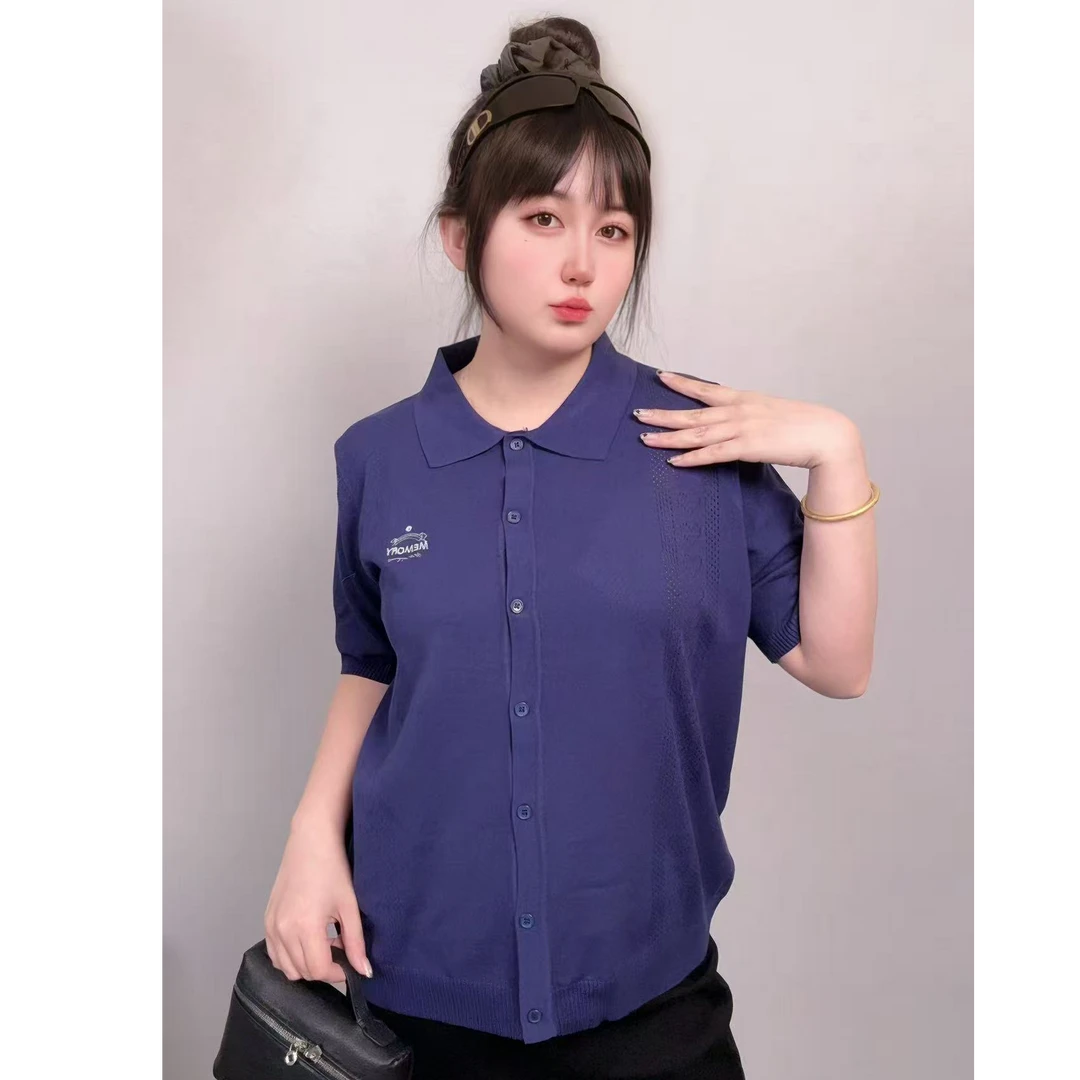 D587翻领刺绣字母针织衫女POLO领套头镂空半袖