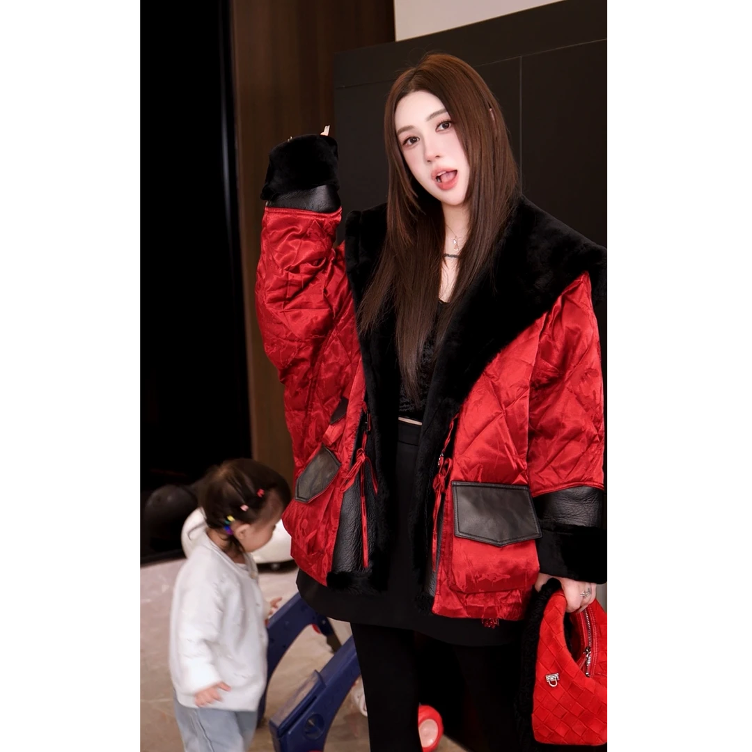 G. yantong/郭彦彤亚麻拼接羊毛皮毛一体90鹅绒服外套加厚WT1121