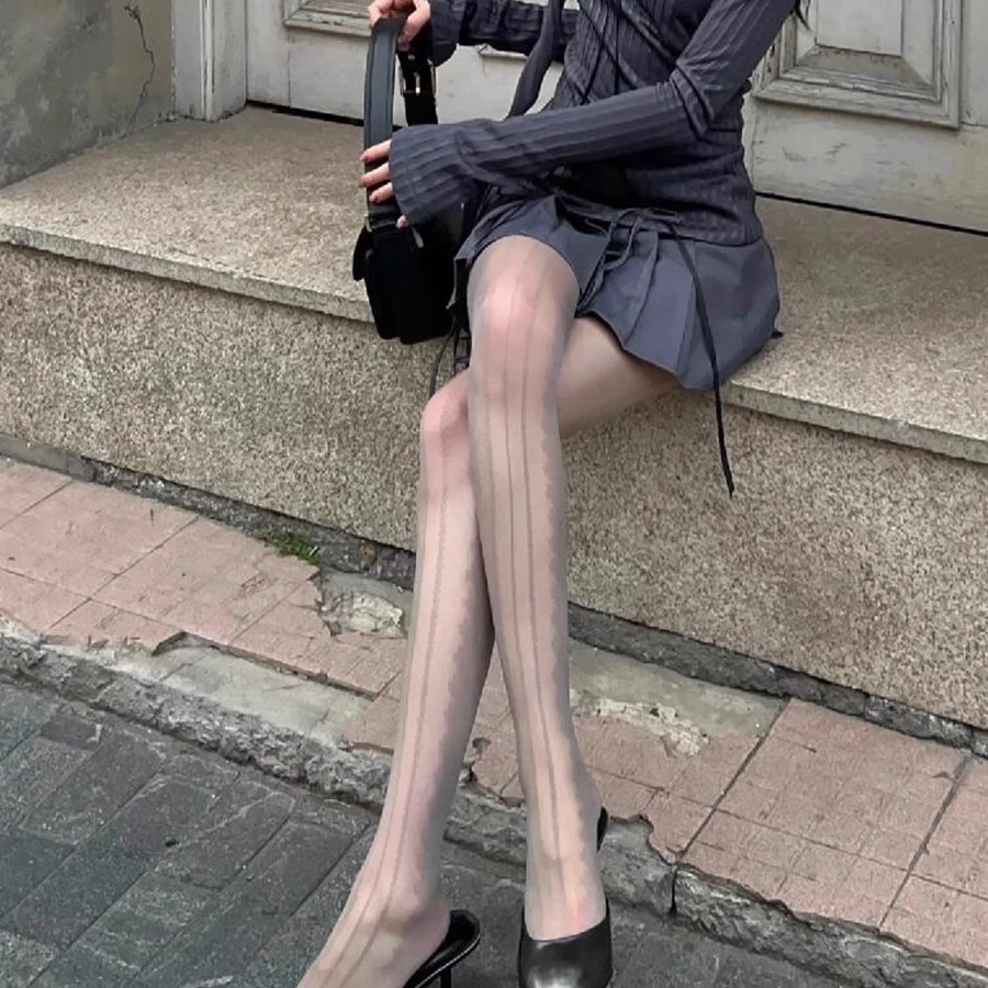 性感烟灰色丝袜侧边蕾丝连裤袜吊带显瘦竖条麻花超薄透明美腿丝袜