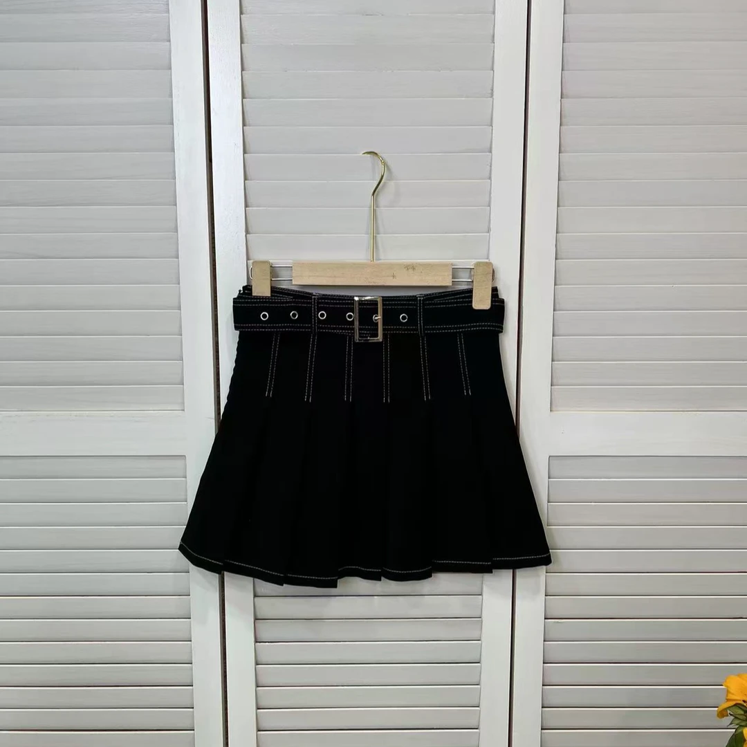 8008明线百褶半身裙女款显瘦气质高腰A字时尚百搭半身裙