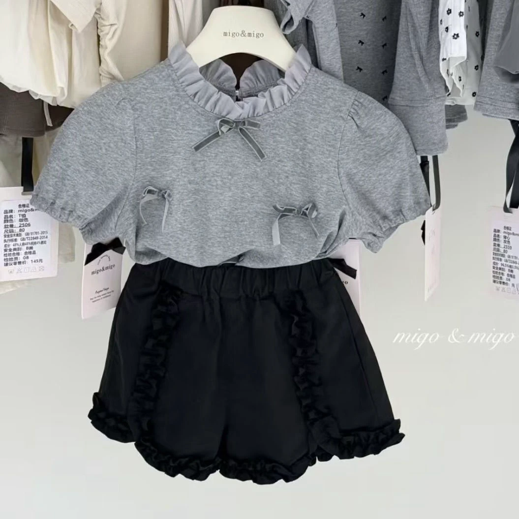 女童夏季新款套装洋气蝴蝶结花边领T恤女宝宝短裙短袖时尚两件套