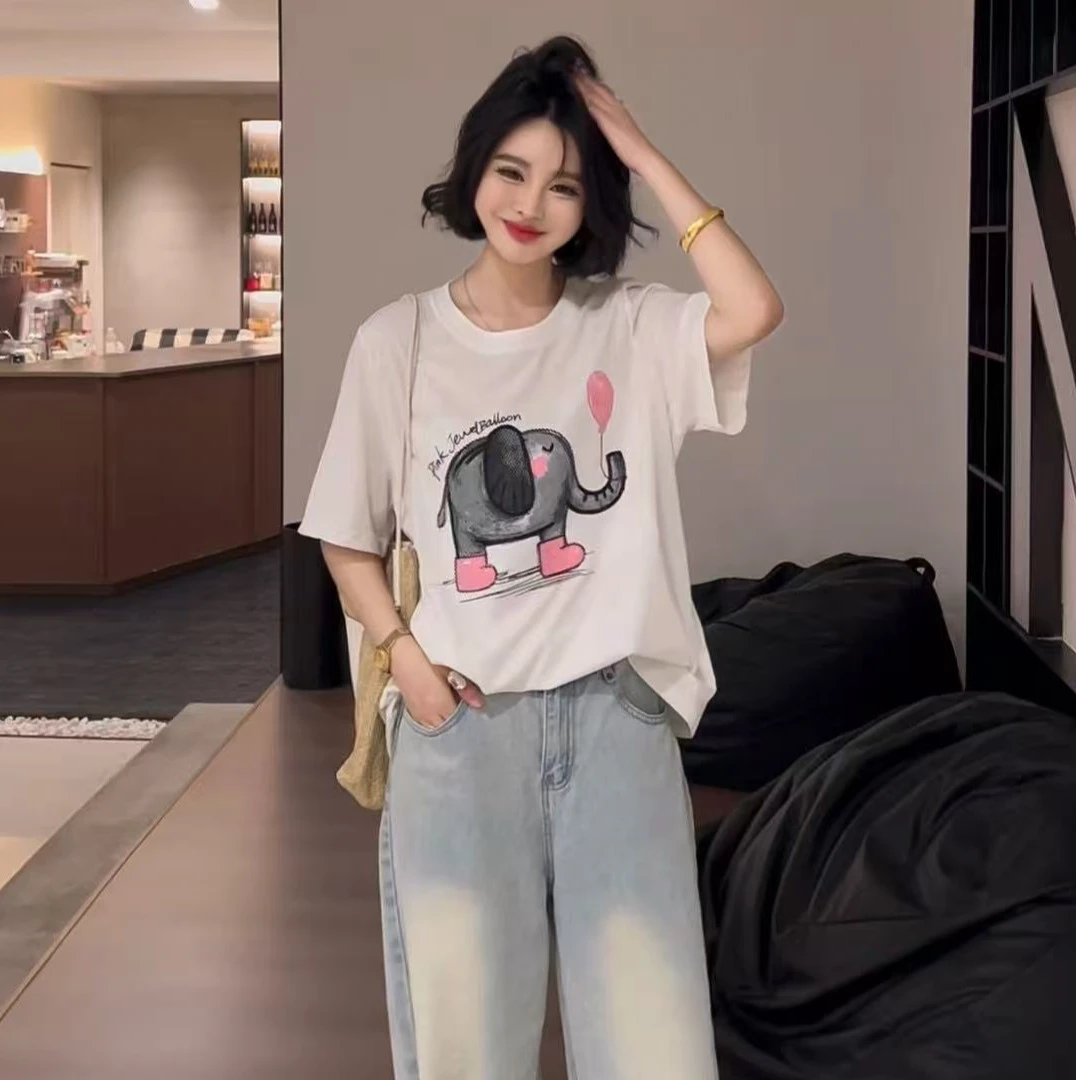 1660大码女小众趣味卡通大象圆领百搭宽松休闲版大减龄短袖t恤