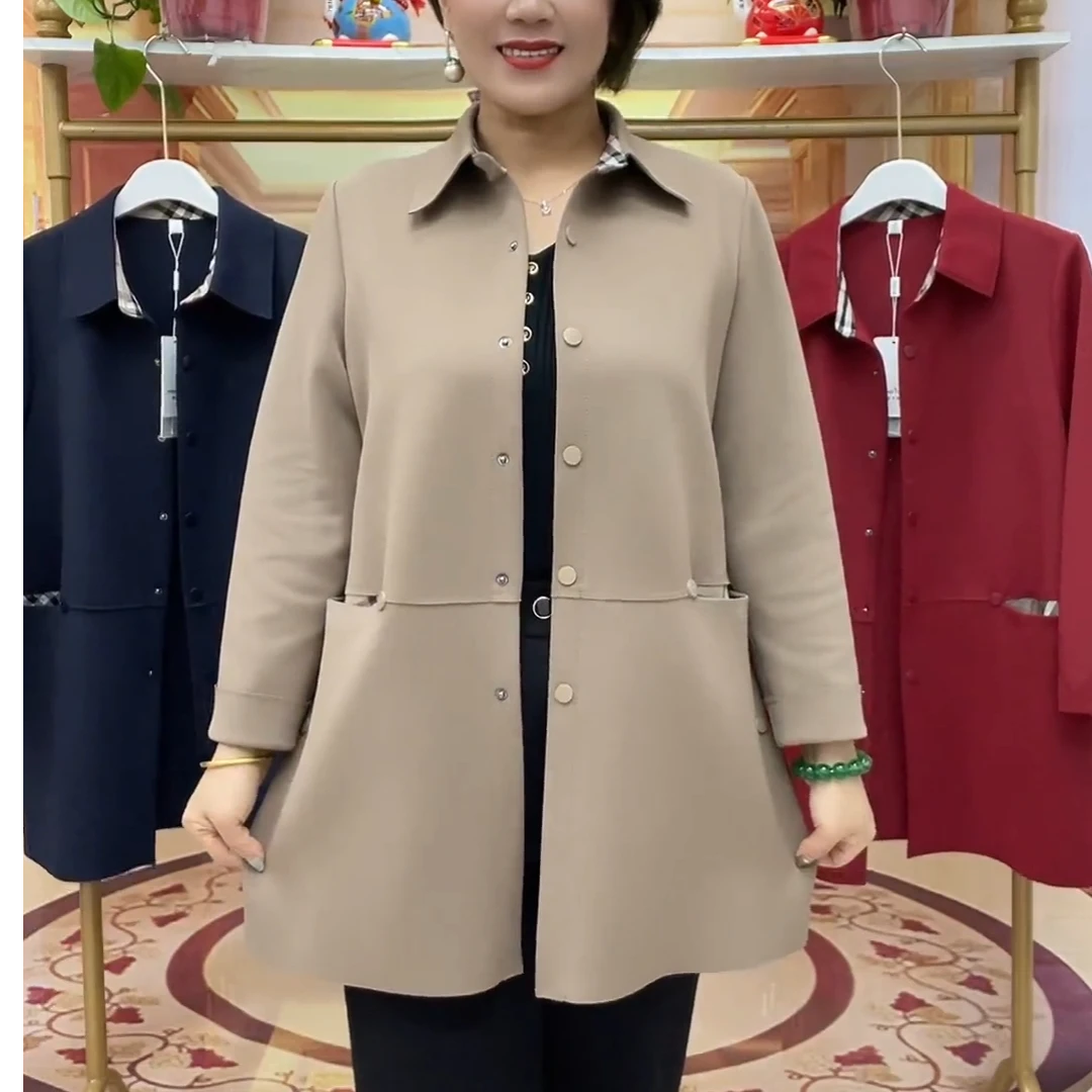 秋装新款中老年妈妈风衣宽松遮肉洋气女士中长款翻领外套女