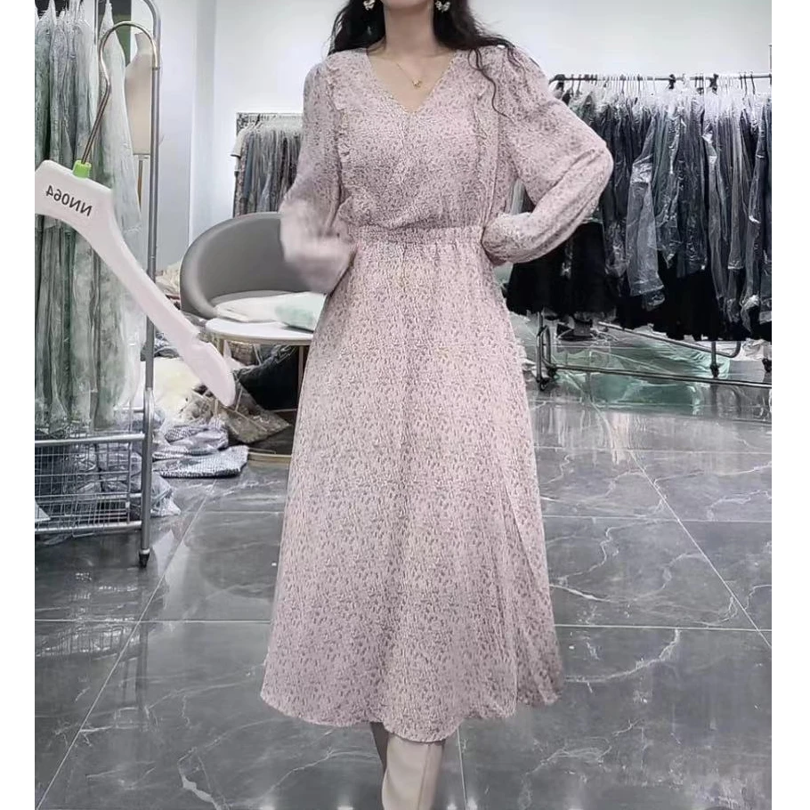 NN064-时尚女装连衣裙碎花气质长袖春季法式优雅长款