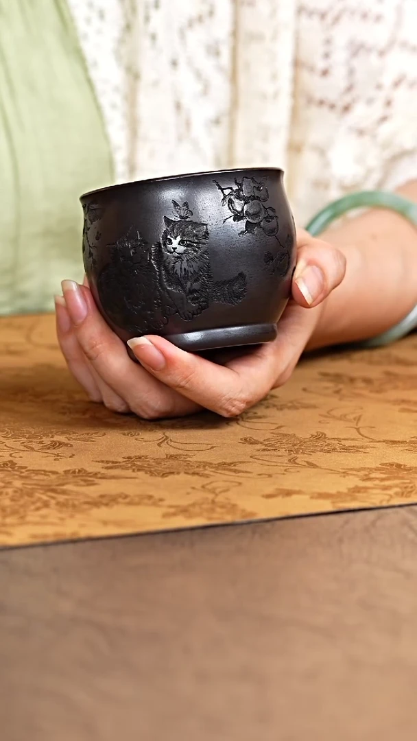 茶杯紫砂宜兴原矿紫砂石黄猫咪主人杯
