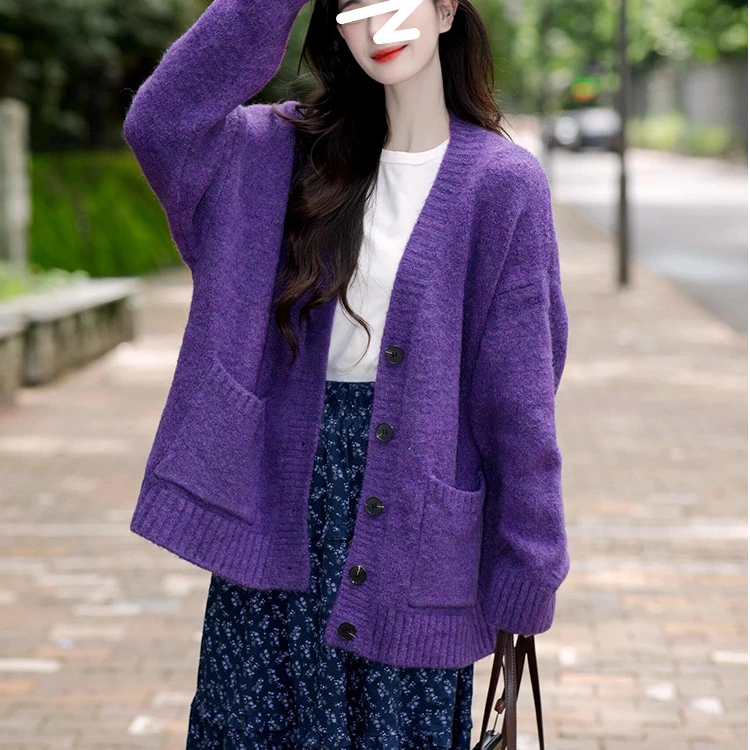 韩系慵懒风复古v领软糯单排扣针织开衫外套女秋季高级感紫色上衣