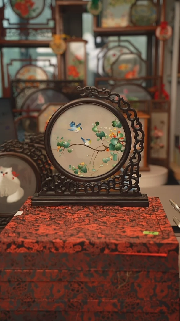 扇子龙头架 苏绣双面绣摆台