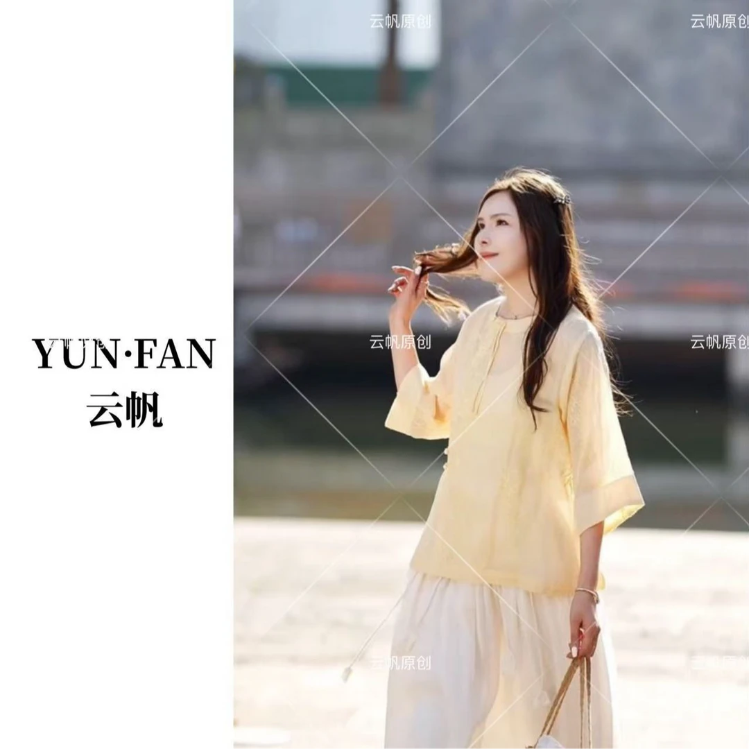 8387茶服休闲中国风春夏百搭古装圆领中式文艺夏装薄款汉元素上衣