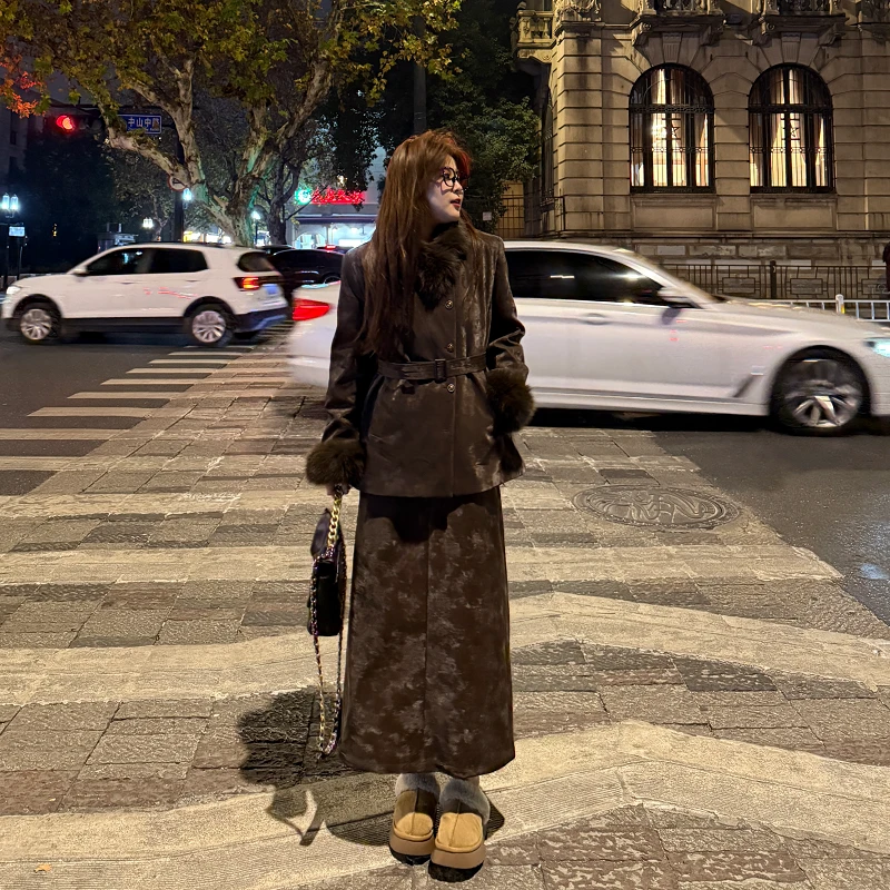 包子&南岛风大码毛领暗纹提花女冬季加厚毛毛外套半裙套装ZYY1336