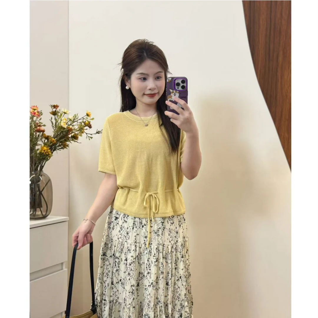 夏季短袖女圆领镂空纯色毛针织衫韩版针织衫百搭简约