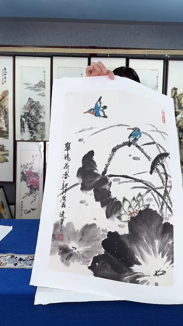 国画荷花 实木装裱 45*70