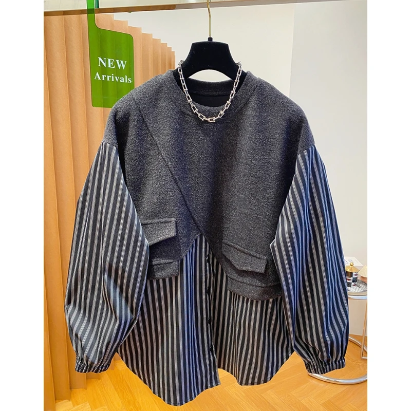 欧货高级感毛呢拼接条纹衬衫女2025春新款宽松洋气小衫假两件上衣
