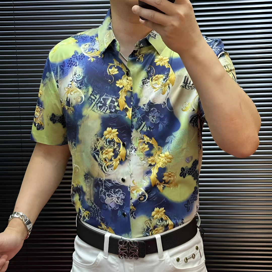 FLD甄选冰丝无缝免烫高弹力高品质男士百搭印花短袖衬衫1202