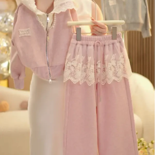 2025儿童春季新款甜美洋气时尚休闲阔腿韩版蕾丝粉套装