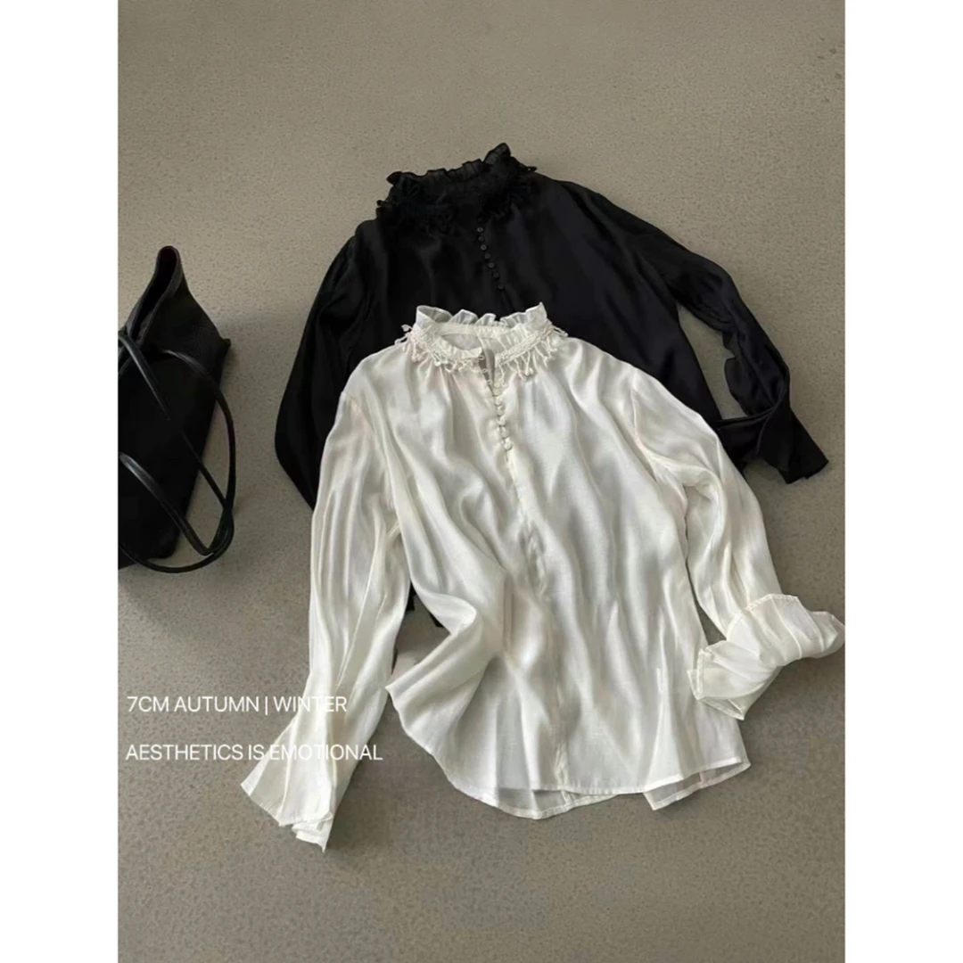 AF初沫 7988 流苏花边立领长袖衬衫女早春新款欧货小衫木耳边上衣