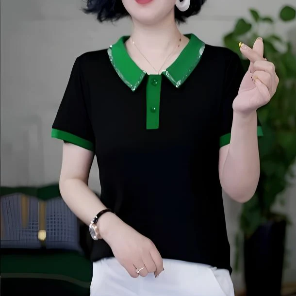 夏季小衫女时尚百搭polo领亮钻拼接显瘦女士女款气质减龄短袖上衣