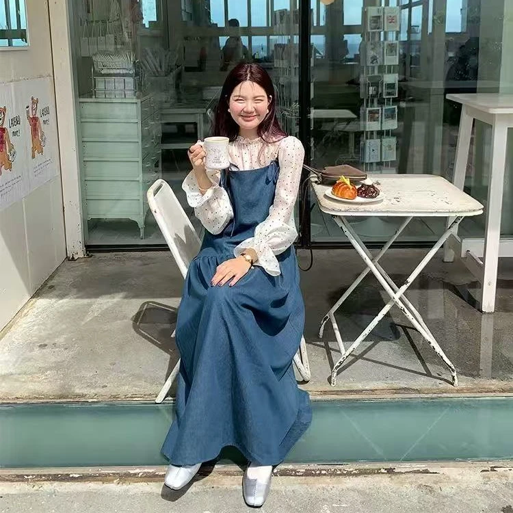 【露露自制】牛仔背带连衣裙套装女春秋2025年新款长裙休闲装爆款