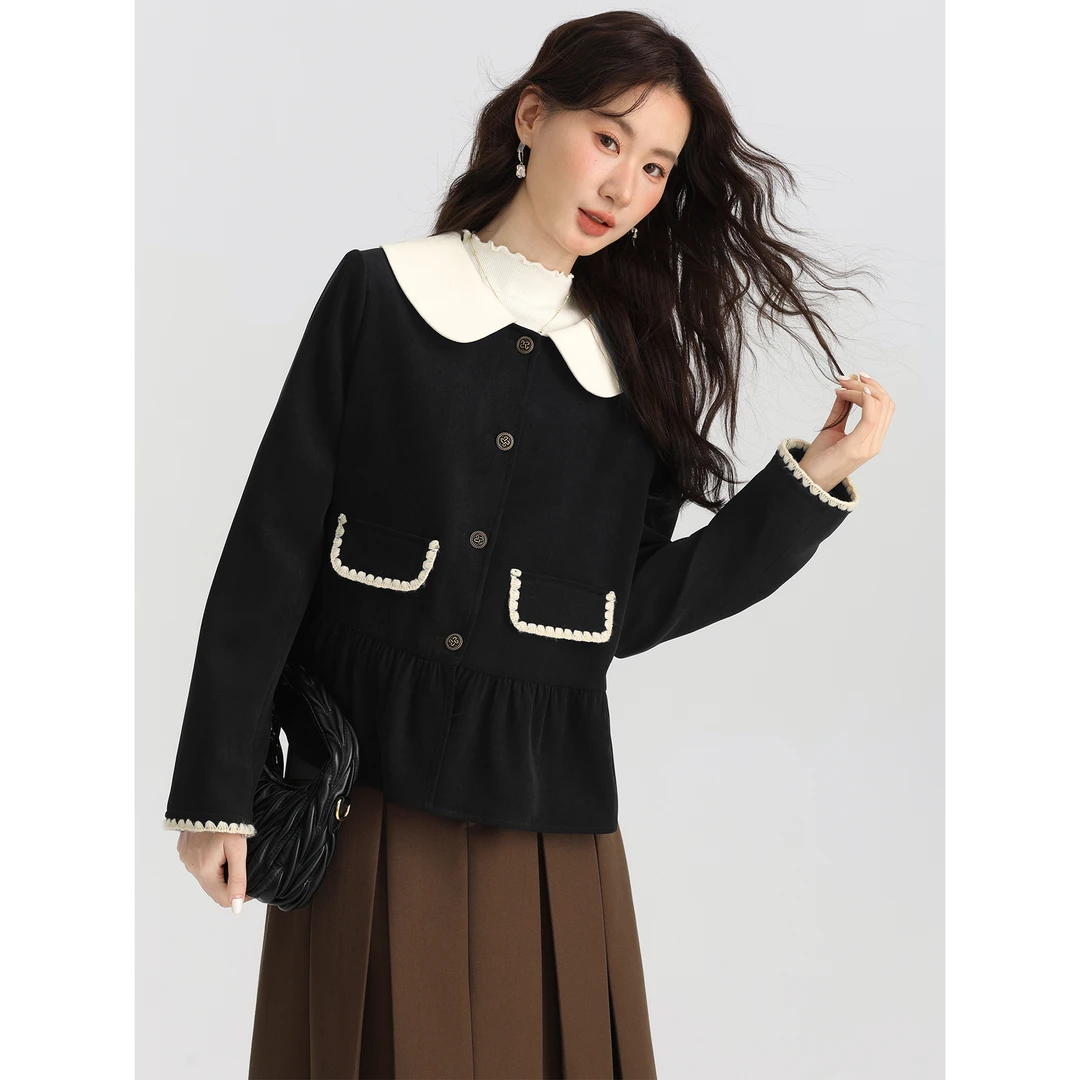 爱蔷薇大码娃娃领小香风外套女秋冬荷叶边上衣黑色开衫GT74390
