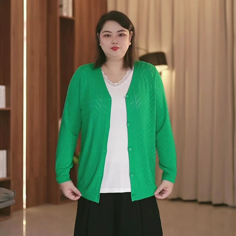 韩服路秋季冰爽针织防晒衫大码女装胖mm宽松显瘦长袖百搭V领上衣