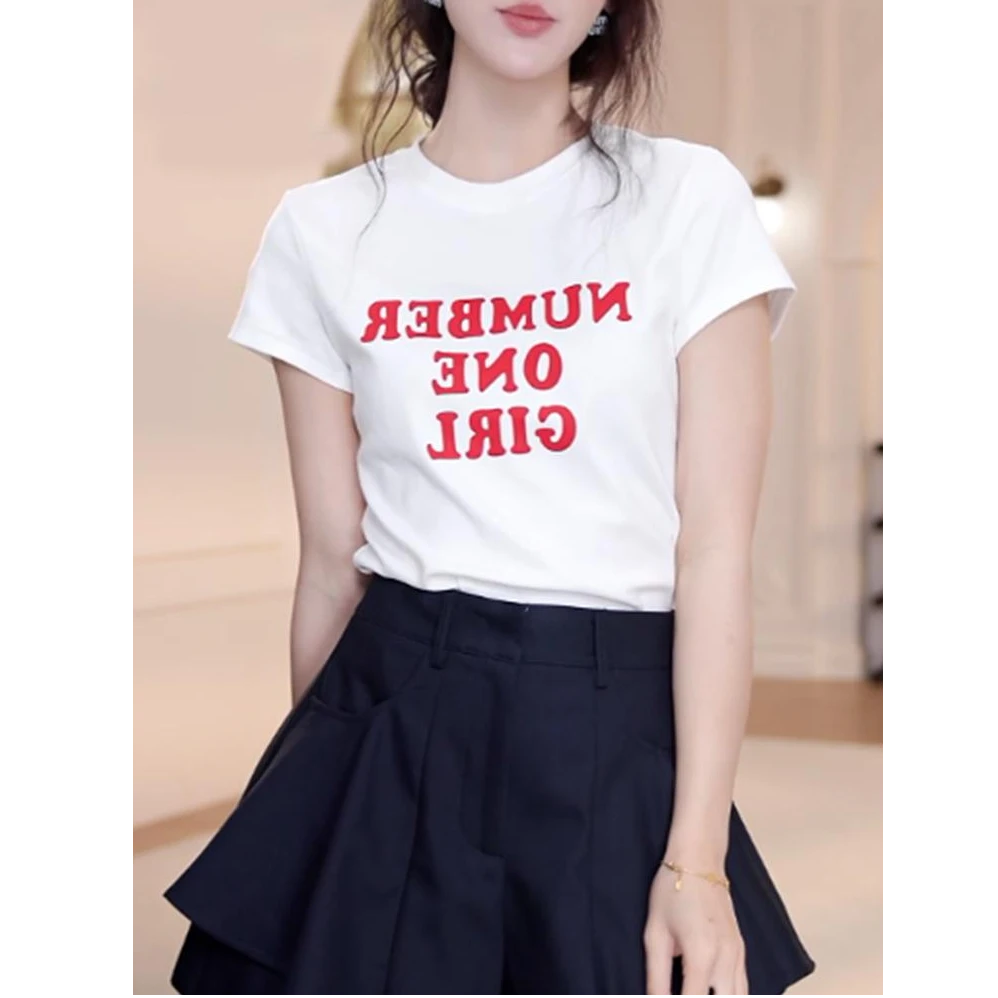 高级感字母印花正肩短袖t恤女士夏季2025新款白色上衣服爆款体恤