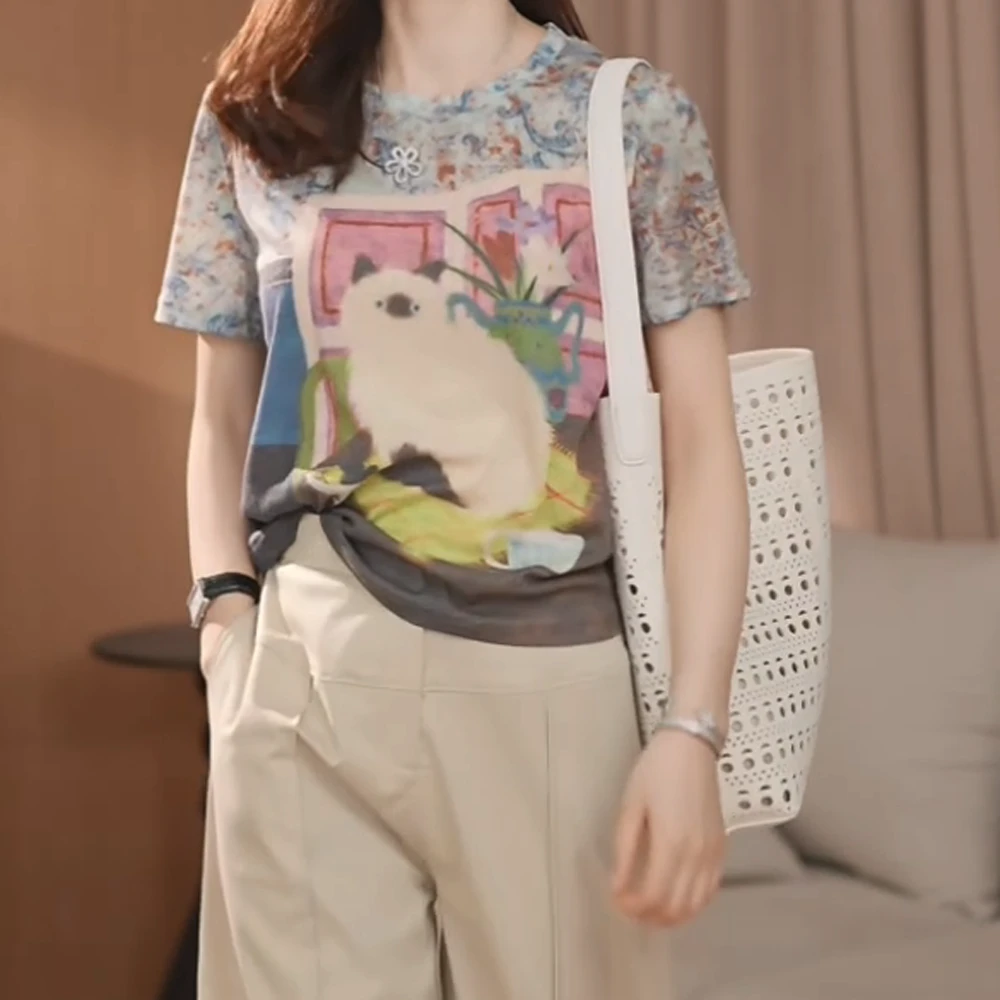 【布偶猫】休闲舒适百搭T恤女夏宽松复古圆领猫咪上衣半袖