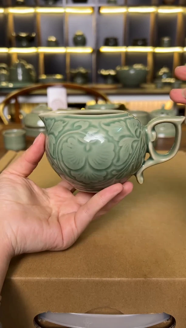 瓷片耀州窑青釉缠枝牡丹公道杯微瑕福利