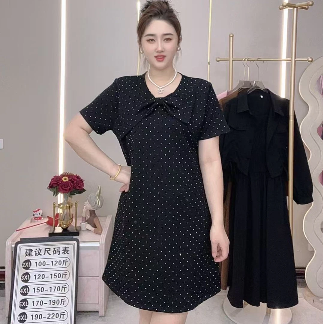 新款黑色蝴蝶结优雅气质显瘦轻奢短袖A字裙连衣裙