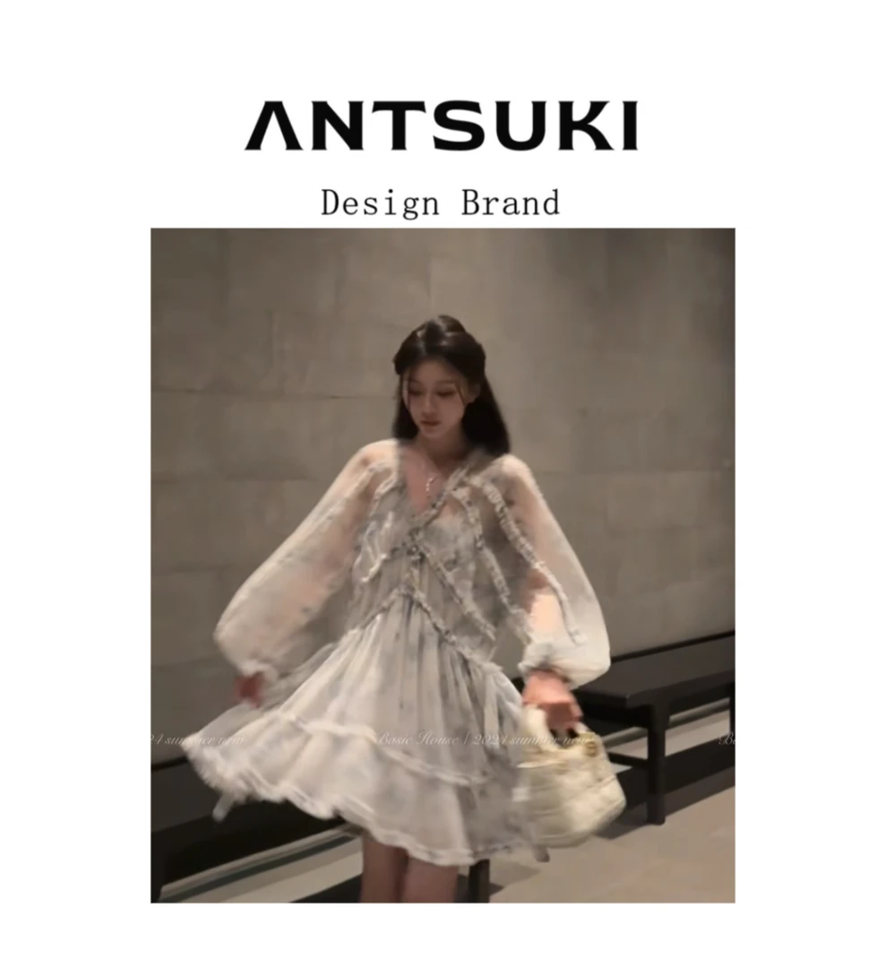 AnTsuki. 【冰蓝玫瑰】2025年春季新款蕾丝边碎花连衣裙设计师长裙