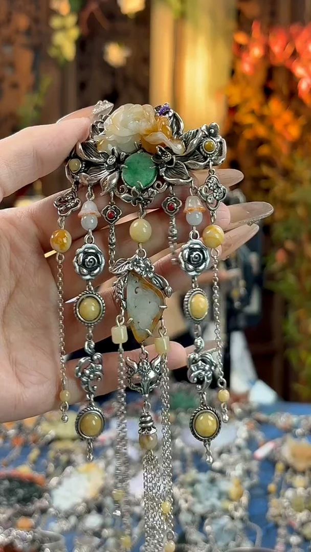 银S925镶嵌挂件翡翠发夹吊坠