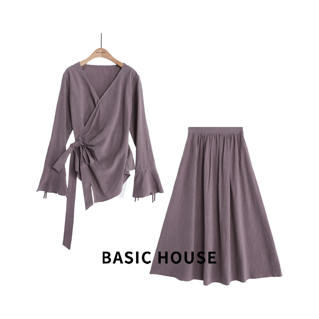 Basic House/百家好JH春季时尚优雅国风系带收腰上衣半身裙套装