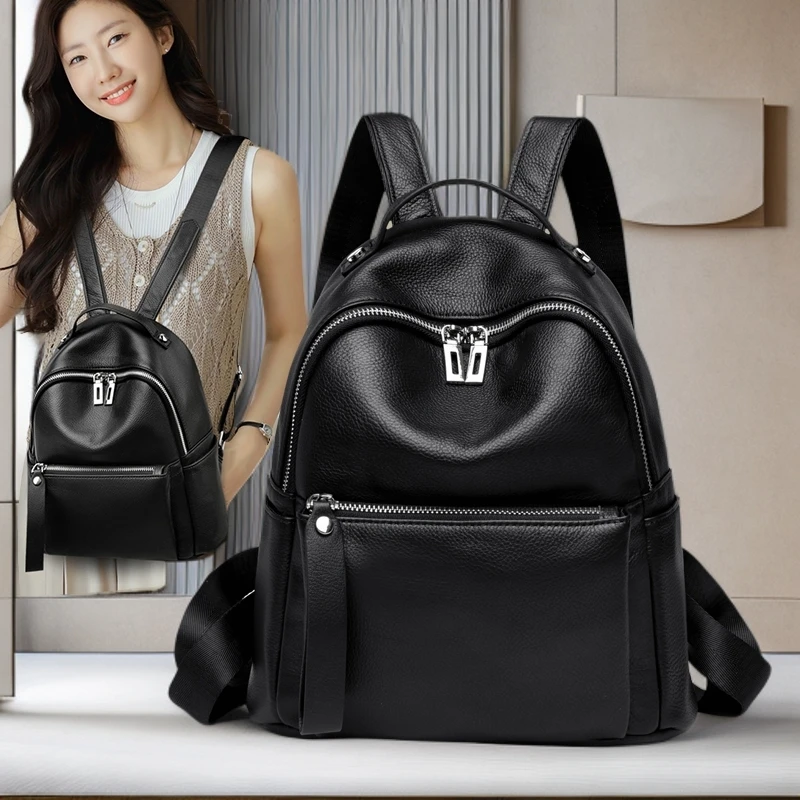 牛皮双肩包时尚纯色牛皮摔纹双肩包女士背包真皮潮流背包女双肩背