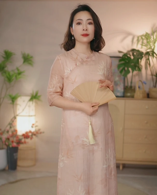 麻天下【竹影清浅】2025新款原创印花新中式斜襟春夏季苎麻改良旗袍