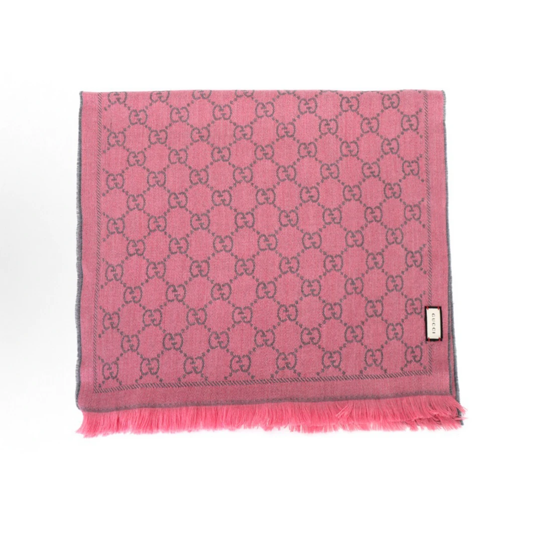 GUCCI/古驰双G系列提花中长款双面流苏边围巾深棕色粉色围巾 jl