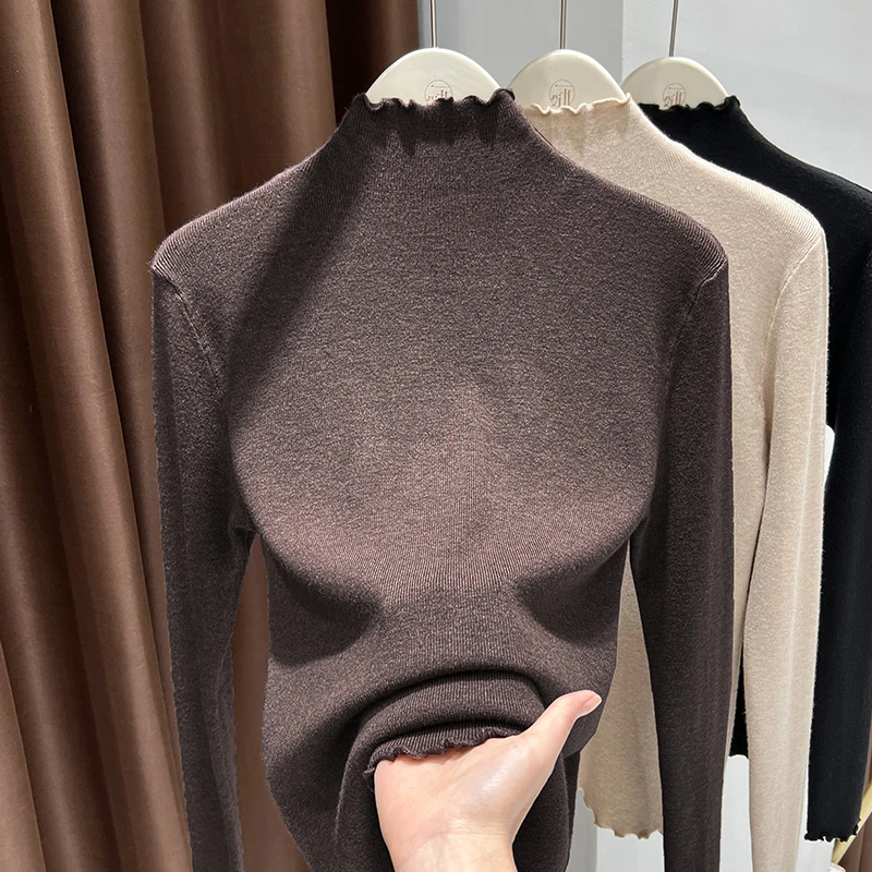 针织衫女摩卡色2025春季新款木耳半高领正肩内搭长袖打底小衫上衣