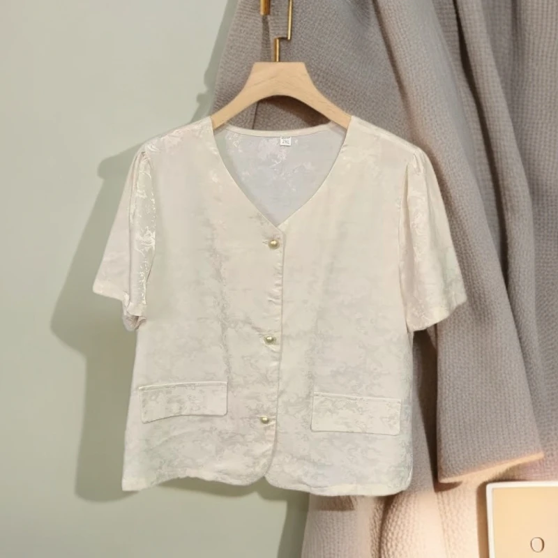 新中式重磅提花V领轻薄气质休闲夏款小香风上衣小衫2025原创新款
