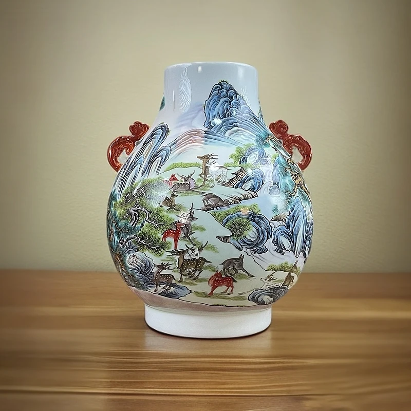 当代仿制 粉彩百鹿双耳尊景德镇陶瓷花瓶手绘