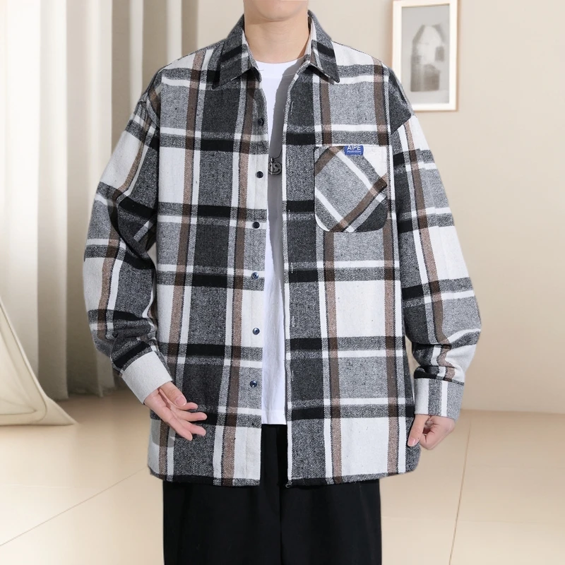 春秋季格子衬衫男士宽松衬衣时尚潮流简约百搭外套透气长袖打底衫