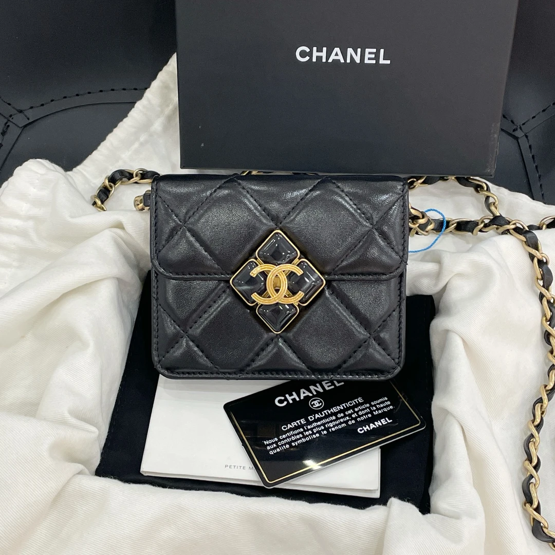 99新 Chanel/香奈儿 21ss 琉璃扣mini 黑金31开斜挎卡包