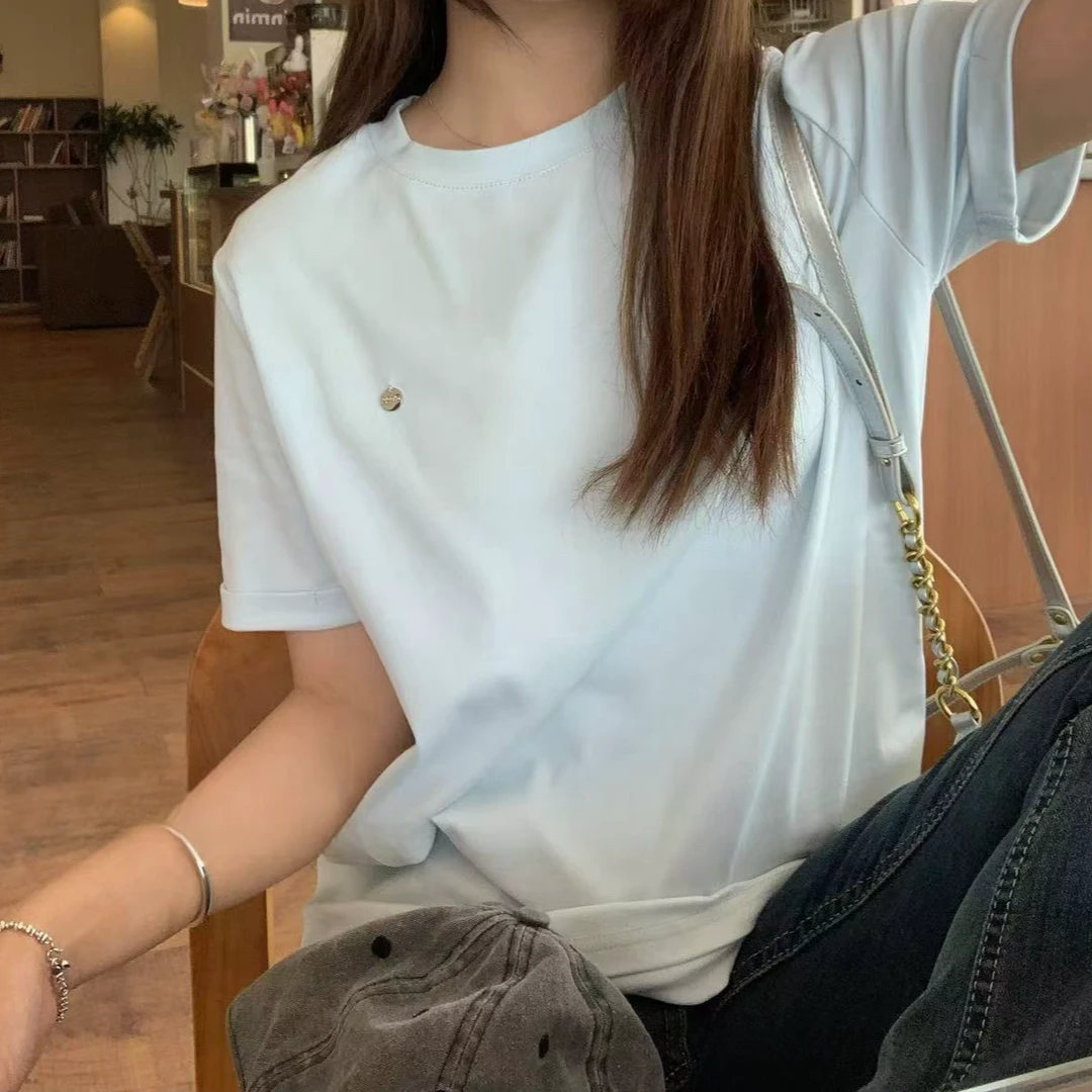 宽松圆领正肩T恤女早春新款设计感小众舒适棉质短袖上衣