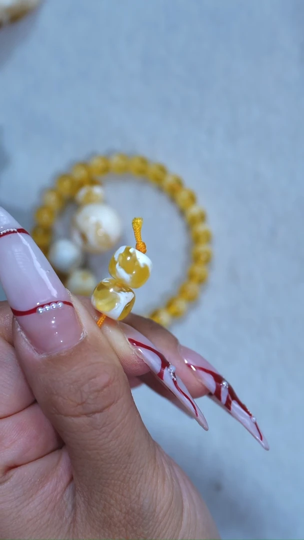 手链琥珀未镶嵌典藏级10mm金漆瓷白对珠