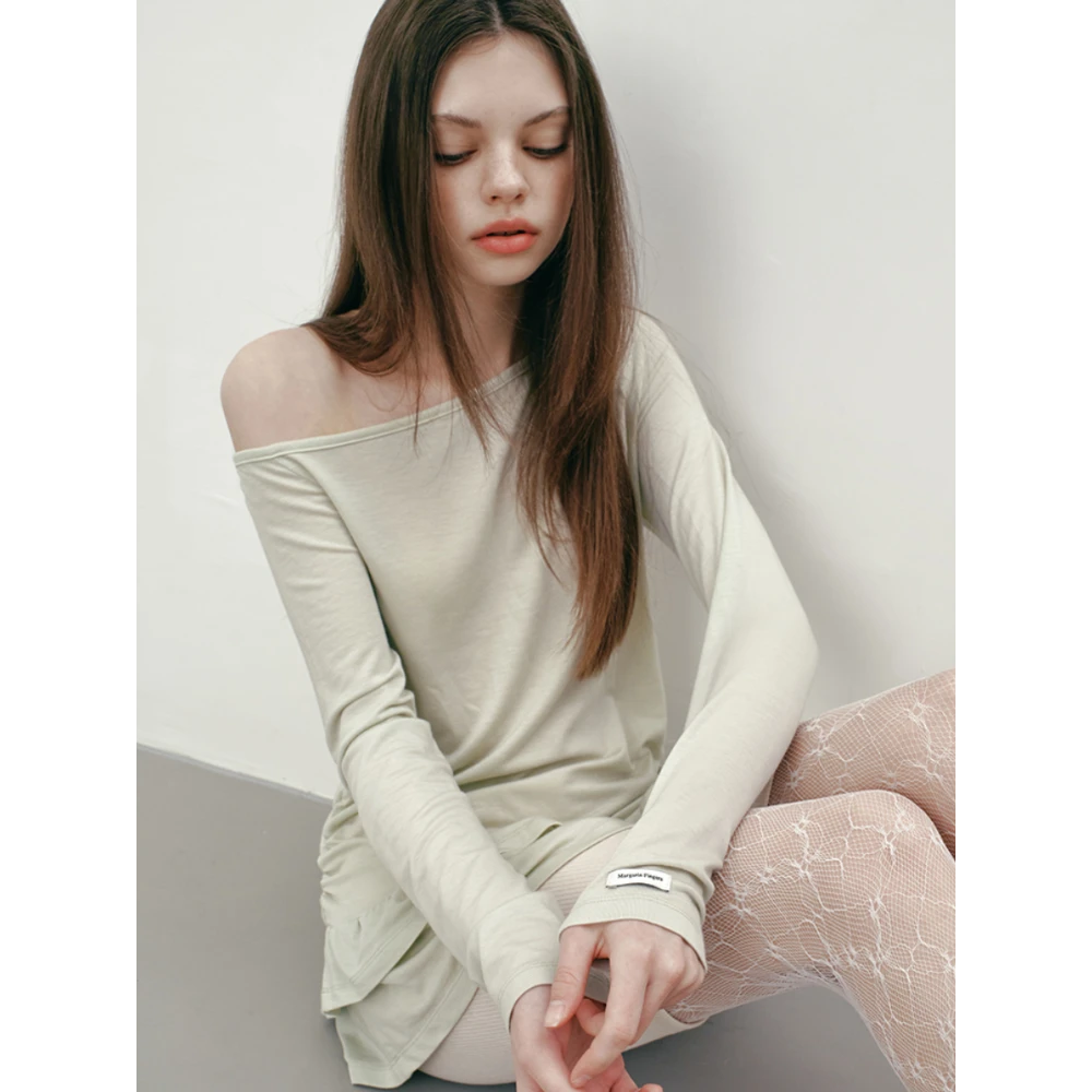 时尚气质搭秋季新款甜辣小众设计感显瘦纯色荷叶边薄长袖T恤上衣