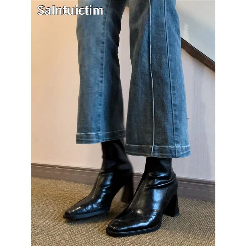 SAINTUICTIM法式复古弹力瘦瘦靴高跟短靴女小方头