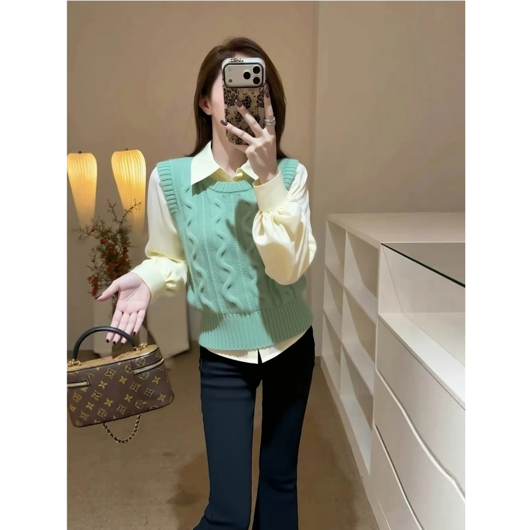 2025冬季女装时髦洋气轻熟气质独特漂亮绿色针织背心叠穿衬衫套装