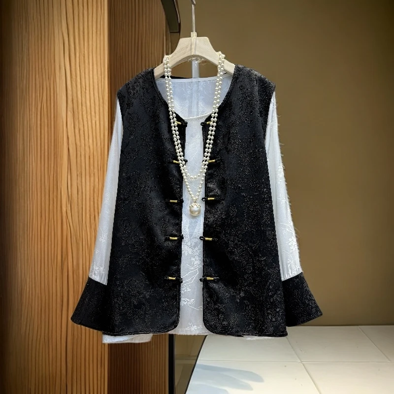 2025年早秋新款新中式国风马甲+拼接袖口打底衫两件套